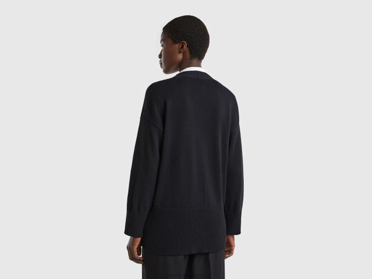 Black Cardigan In Tricot Cotton B4BF74 Benetton Women Black