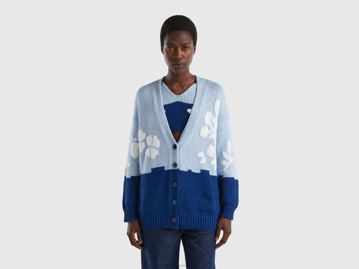 Blue Cardigan With Floral Inlay B4BF3564 Benetton Women Blue