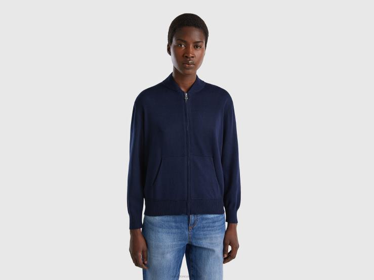 Boxy Fit Cardigan With Zip B4BF49 Benetton Women Dark Blue