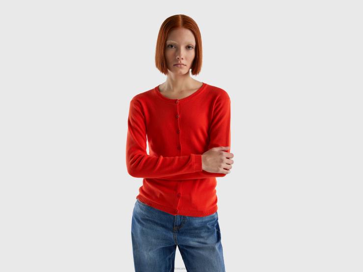 Crew Neck Cardigan In Pure Cotton B4BF136 Benetton Women Red