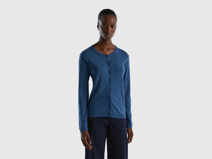Crew Neck Cardigan In Pure Cotton B4BF3704 Benetton Women Blue