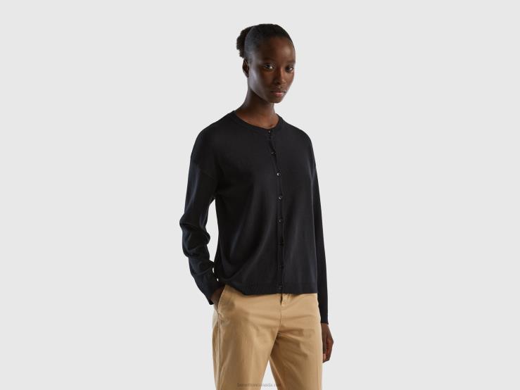 Crew Neck Cardigan With Buttons B4BF3680 Benetton Women Black