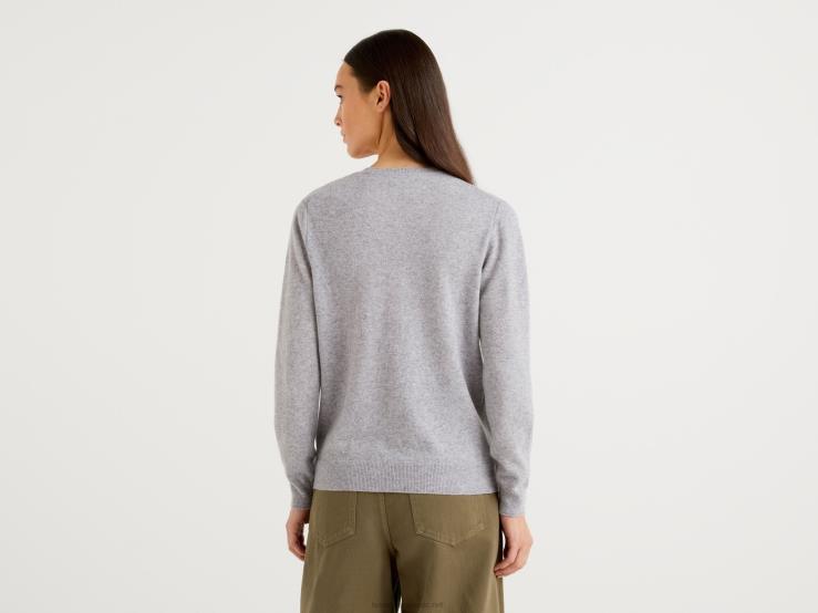 Light Gray Crew Neck Cardigan In Pure Merino Wool B4BF3624 Benetton Women Light Gray
