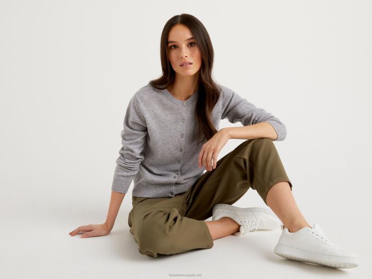 Light Gray Crew Neck Cardigan In Pure Merino Wool B4BF3624 Benetton Women Light Gray