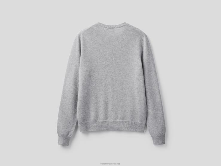 Light Gray Crew Neck Cardigan In Pure Merino Wool B4BF3624 Benetton Women Light Gray