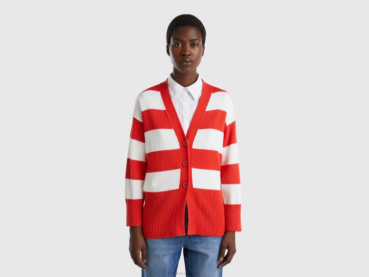 Striped Cardigan In Tricot Cotton B4BF3477 Benetton Women Red