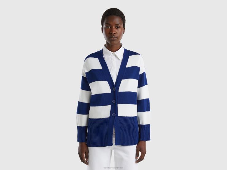 Striped Cardigan In Tricot Cotton B4BF3591 Benetton Women Blue