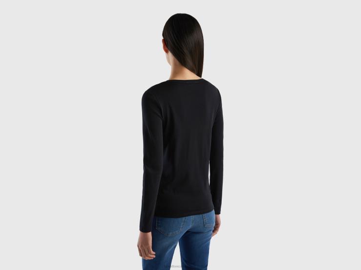 Black 100% Cotton Long Sleeve T-Shirt B4BF3951 Benetton Women Black