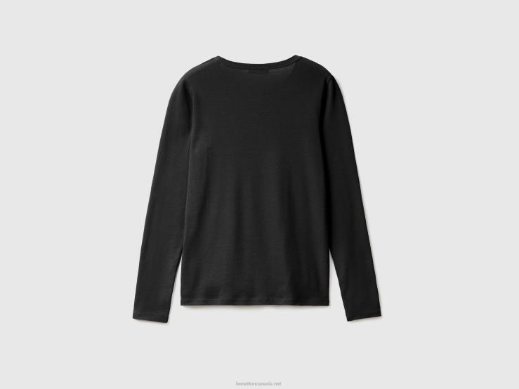 Black 100% Cotton Long Sleeve T-Shirt B4BF3951 Benetton Women Black