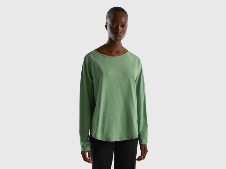 Long Sleeve Pure Cotton T-Shirt B4BF302 Benetton Women Green