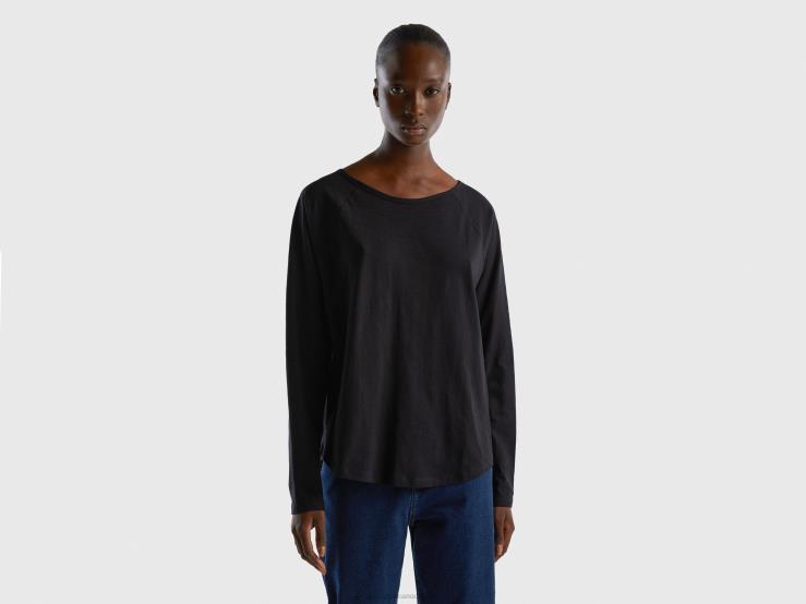 Long Sleeve Pure Cotton T-Shirt B4BF356 Benetton Women Black