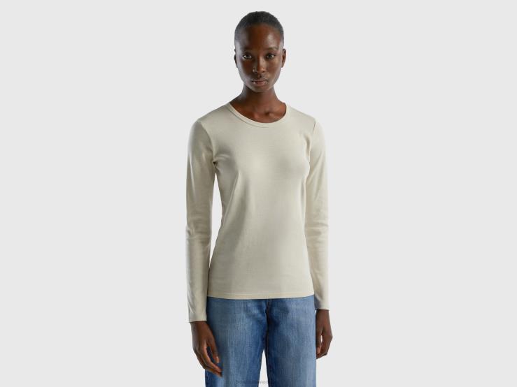 Long Sleeve Pure Cotton T-Shirt B4BF3778 Benetton Women Beige