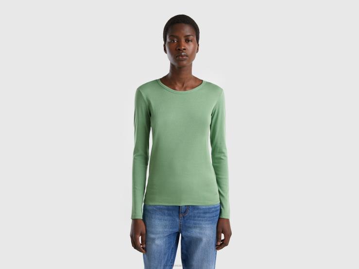 Long Sleeve Pure Cotton T-Shirt B4BF3806 Benetton Women Green
