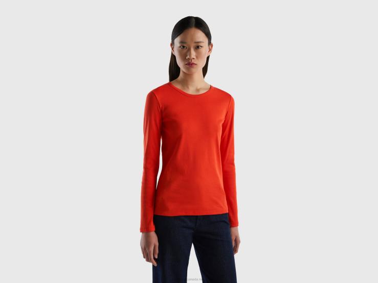 Long Sleeve Pure Cotton T-Shirt B4BF3820 Benetton Women Red