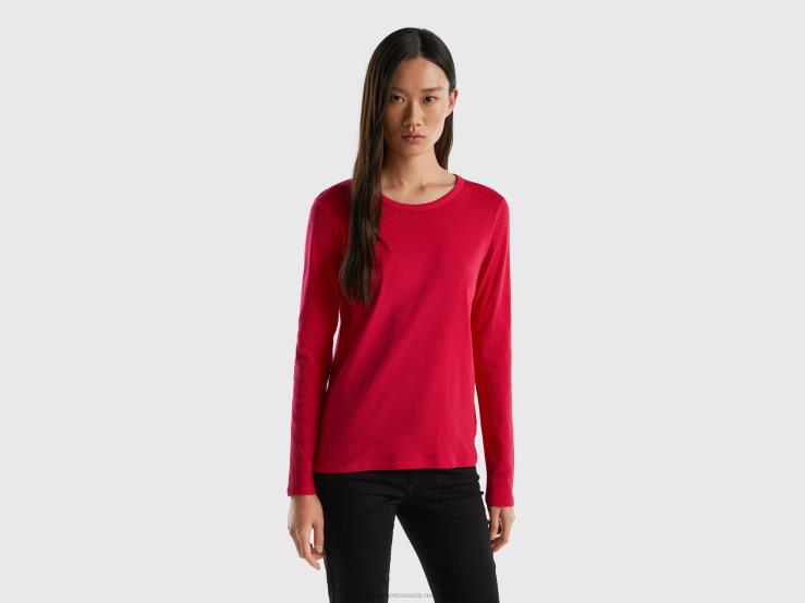 Long Sleeve Pure Cotton T-Shirt B4BF3821 Benetton Women Fuchsia