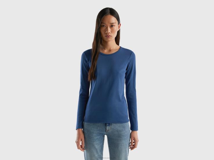 Long Sleeve Pure Cotton T-Shirt B4BF430 Benetton Women Blue