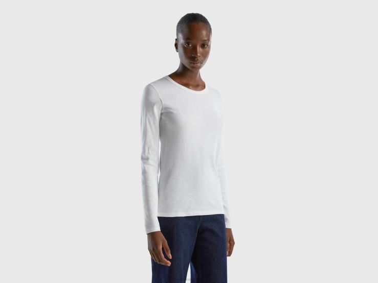 Long Sleeve Pure Cotton T-Shirt B4BF441 Benetton Women White