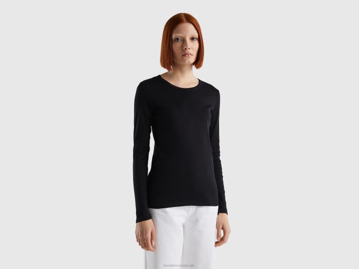 Long Sleeve Pure Cotton T-Shirt B4BF449 Benetton Women Black