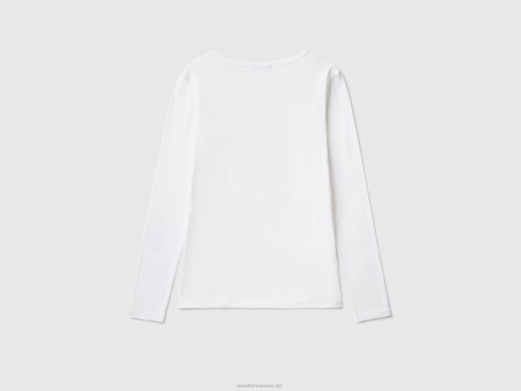 Long Sleeve White T-Shirt In 100% Cotton B4BF429 Benetton Women White