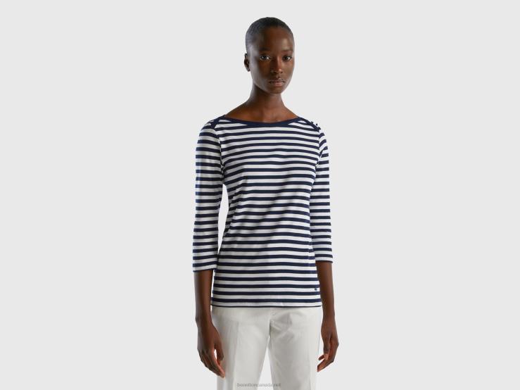 Striped 3/4 Sleeve T-Shirt In 100% Cotton B4BF455 Benetton Women Dark Blue
