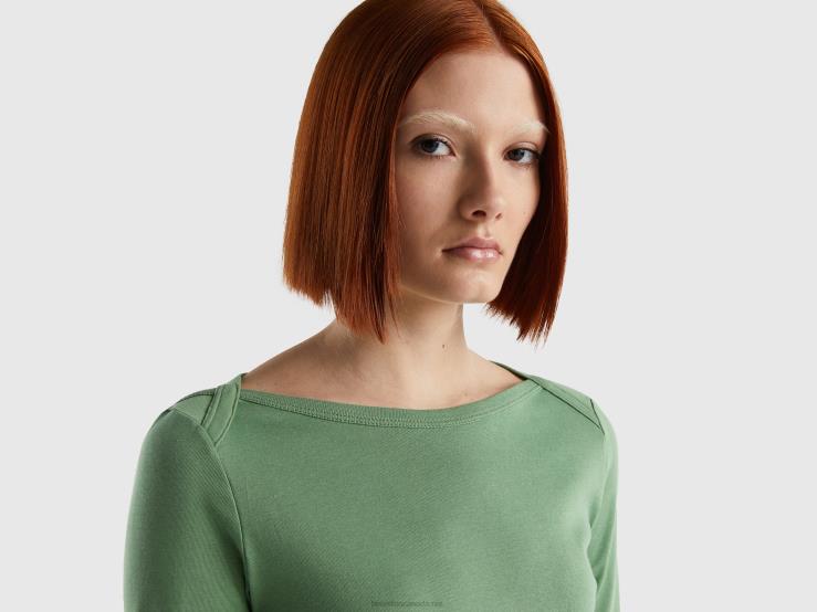 T-Shirt With Boat Neck In 100% Cotton B4BF323 Benetton Women Green