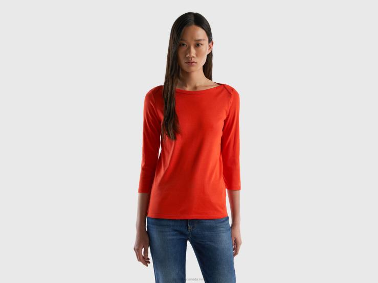 T-Shirt With Boat Neck In 100% Cotton B4BF403 Benetton Women Red