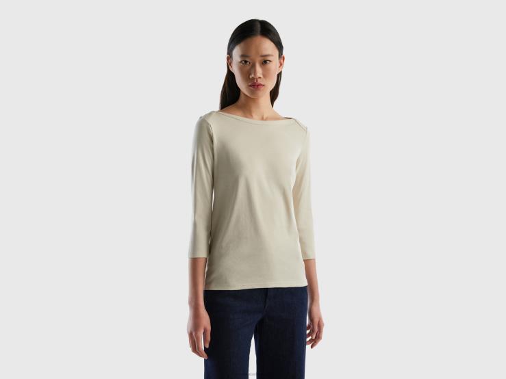 T-Shirt With Boat Neck In 100% Cotton B4BF475 Benetton Women Beige