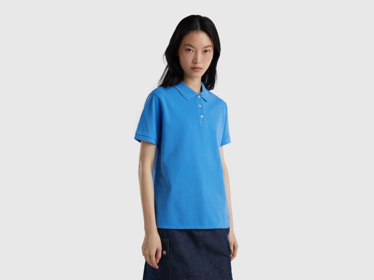 Polo In Stretch Organic Cotton B4BF3882 Benetton Women Light Blue