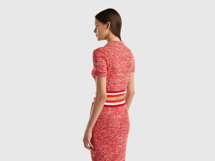 Red Cropped Knit Polo B4BF17 Benetton Women Red