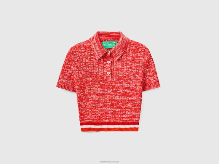 Red Cropped Knit Polo B4BF17 Benetton Women Red