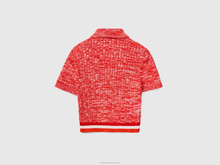 Red Cropped Knit Polo B4BF17 Benetton Women Red