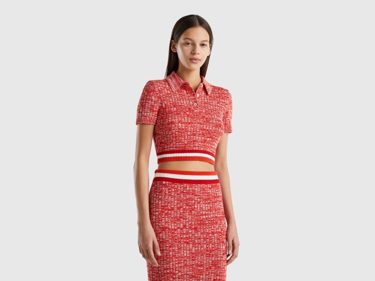 Red Cropped Knit Polo B4BF3550 Benetton Women Red