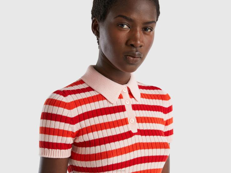 Striped Cropped Polo B4BF25 Benetton Women Red