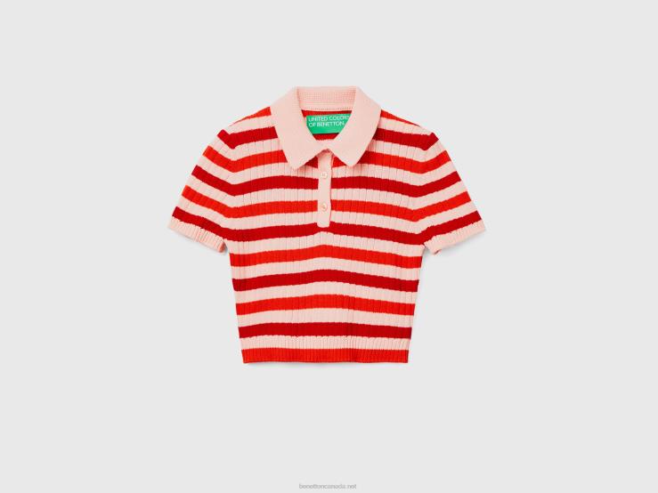 Striped Cropped Polo B4BF25 Benetton Women Red