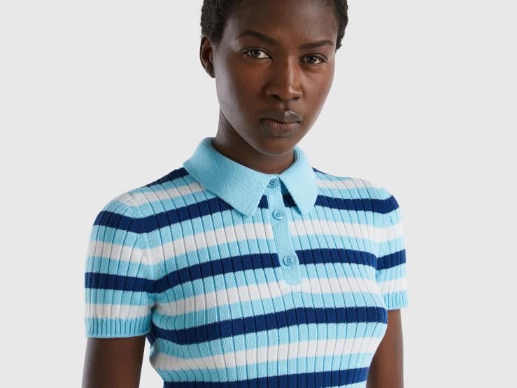 Striped Cropped Polo B4BF70 Benetton Women Light Blue
