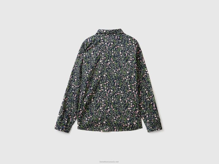 100% Cotton Patterned Shirt B4BF3976 Benetton Women Dark Blue
