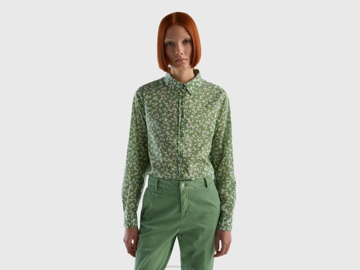 100% Cotton Patterned Shirt B4BF485 Benetton Women Olive Green