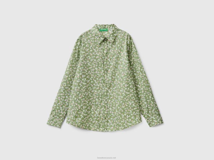 100% Cotton Patterned Shirt B4BF485 Benetton Women Olive Green