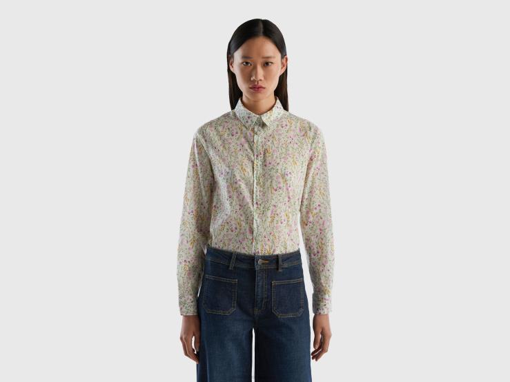 100% Cotton Patterned Shirt B4BF486 Benetton Women White