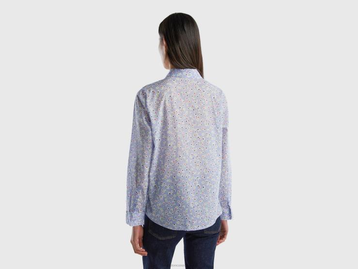 100% Cotton Patterned Shirt B4BF488 Benetton Women Light Blue