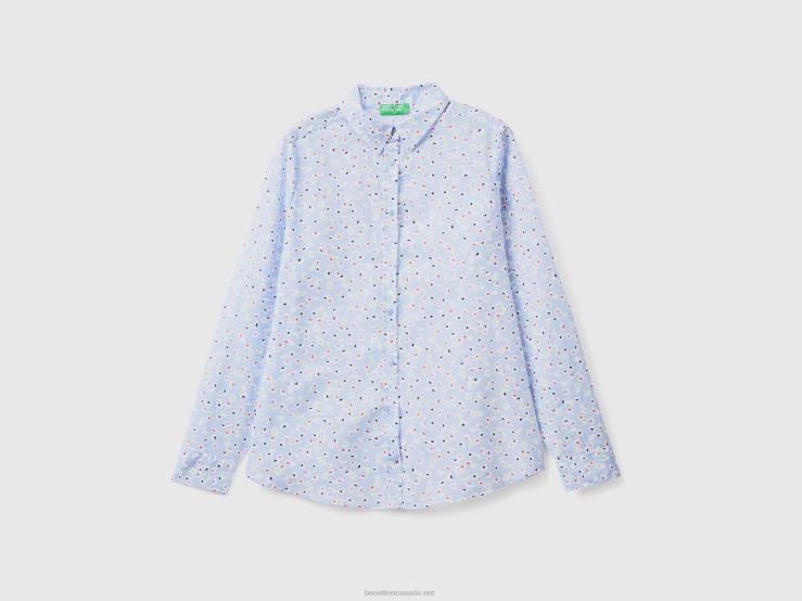 100% Cotton Patterned Shirt B4BF488 Benetton Women Light Blue