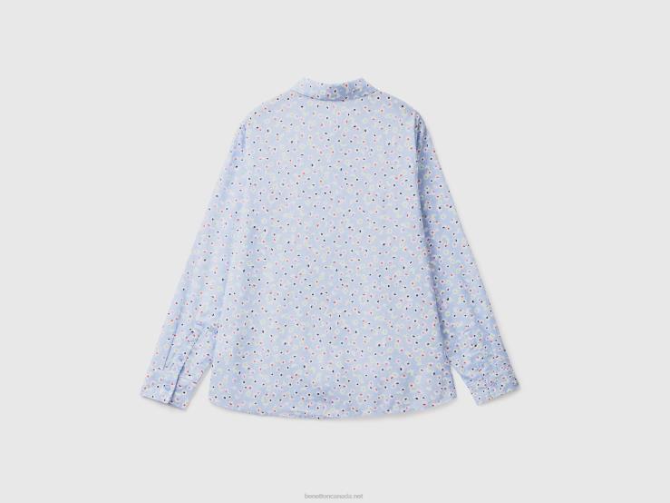 100% Cotton Patterned Shirt B4BF488 Benetton Women Light Blue