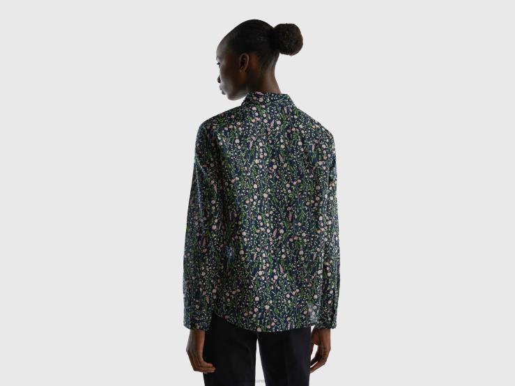 100% Cotton Patterned Shirt B4BF501 Benetton Women Dark Blue