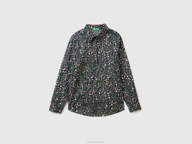 100% Cotton Patterned Shirt B4BF501 Benetton Women Dark Blue