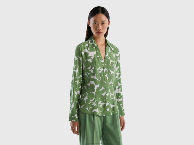 Floral Shirt In Pure Viscose B4BF3958 Benetton Women Green