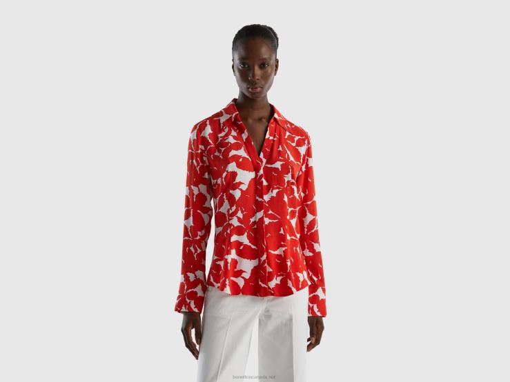 Floral Shirt In Pure Viscose B4BF3982 Benetton Women Red