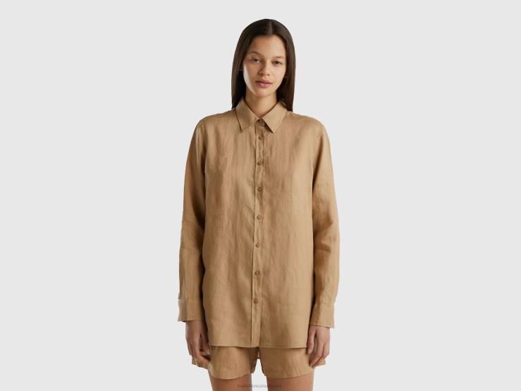 Long Shirt In Pure Linen B4BF3998 Benetton Women Camel
