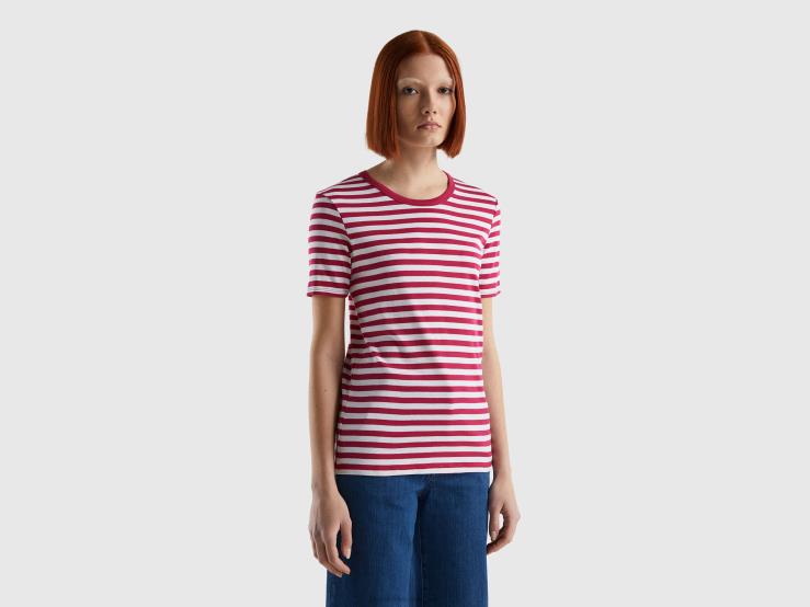 Crew Neck Striped T-Shirt B4BF345 Benetton Women Red