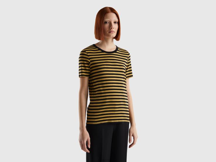 Crew Neck Striped T-Shirt B4BF3893 Benetton Women Mustard
