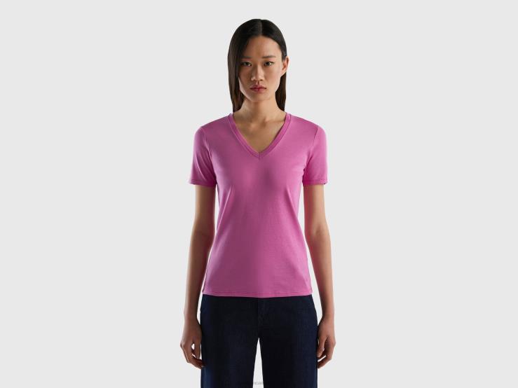 Pure Cotton T-Shirt With V-Neck B4BF3874 Benetton Women Pink